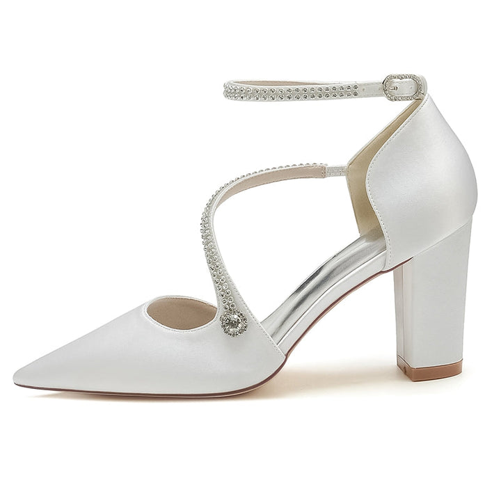 Women's Wedding Shoes Pointed Toe High Heel Crossed Straps Buckle Bridal Shoes with Crystal
