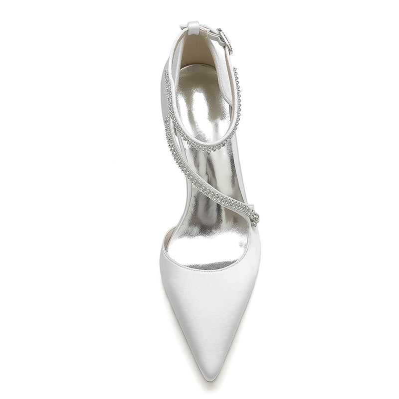 Women's Wedding Shoes Pointed Toe High Heel Crossed Straps Buckle Bridal Shoes with Crystal