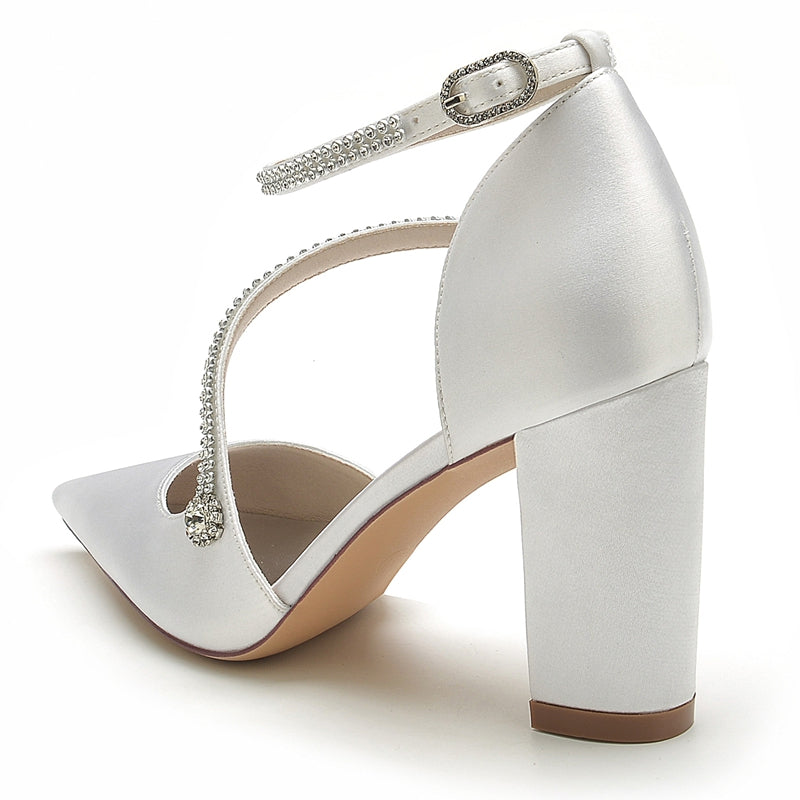 Women's Wedding Shoes Pointed Toe High Heel Crossed Straps Buckle Bridal Shoes with Crystal