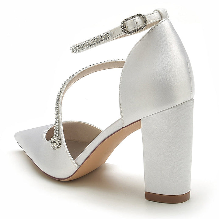 Women's Wedding Shoes Pointed Toe High Heel Crossed Straps Buckle Bridal Shoes with Crystal