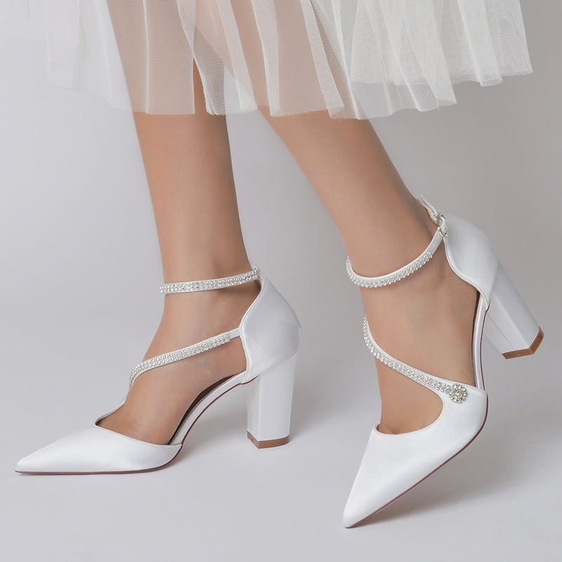 Women's Wedding Shoes Pointed Toe High Heel Crossed Straps Buckle Bridal Shoes with Crystal