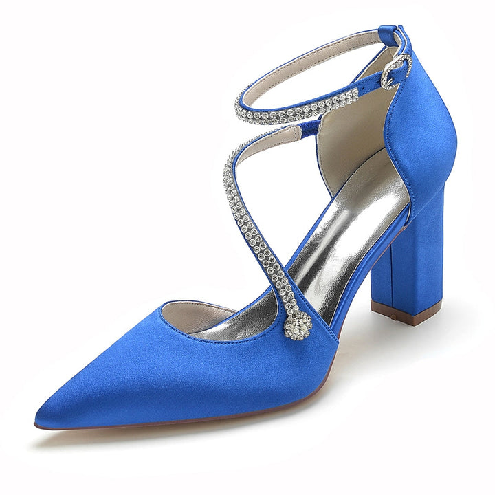 Women's Wedding Shoes Pointed Toe High Heel Crossed Straps Buckle Bridal Shoes with Crystal