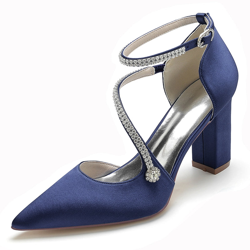 Women's Wedding Shoes Pointed Toe High Heel Crossed Straps Buckle Bridal Shoes with Crystal