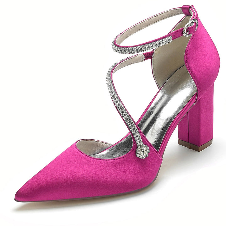 Women's Wedding Shoes Pointed Toe High Heel Crossed Straps Buckle Bridal Shoes with Crystal
