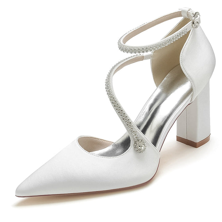 Women's Wedding Shoes Pointed Toe High Heel Crossed Straps Buckle Bridal Shoes with Crystal