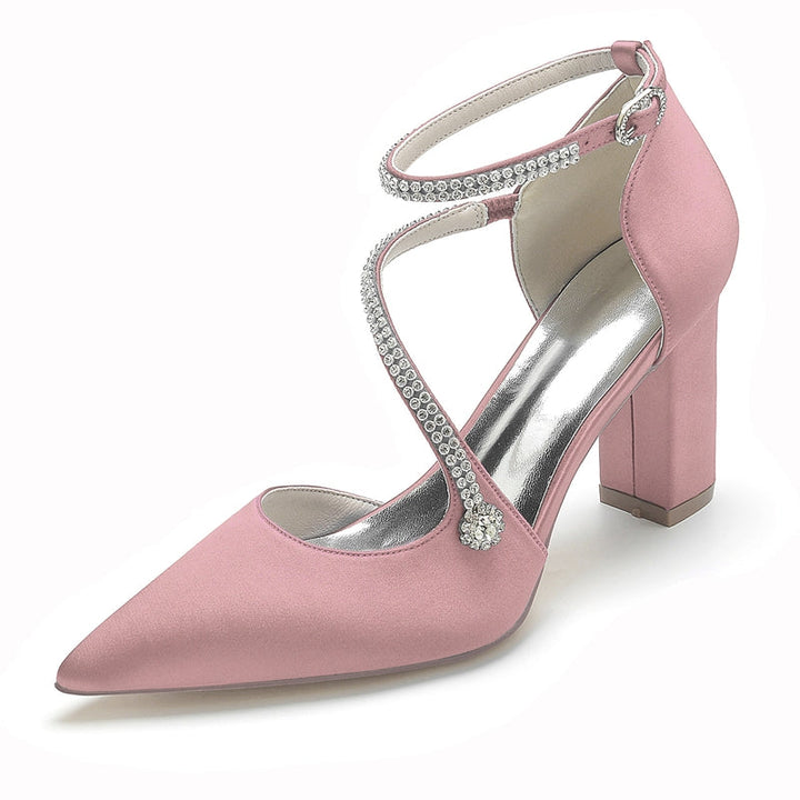 Women's Wedding Shoes Pointed Toe High Heel Crossed Straps Buckle Bridal Shoes with Crystal