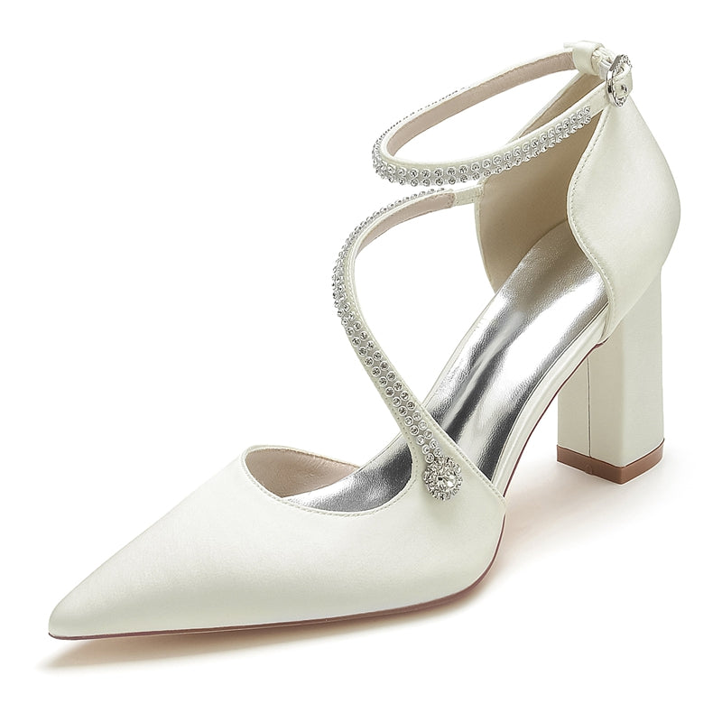 Women's Wedding Shoes Pointed Toe High Heel Crossed Straps Buckle Bridal Shoes with Crystal