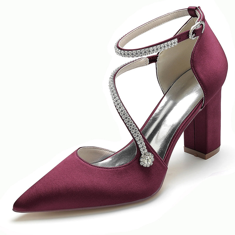 Women's Wedding Shoes Pointed Toe High Heel Crossed Straps Buckle Bridal Shoes with Crystal