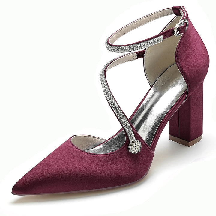 Women's Wedding Shoes Pointed Toe High Heel Crossed Straps Buckle Bridal Shoes with Crystal