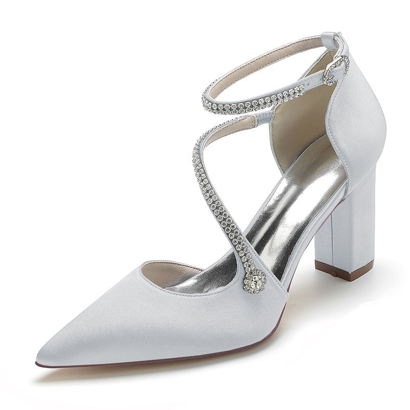 Women's Wedding Shoes Pointed Toe High Heel Crossed Straps Buckle Bridal Shoes with Crystal