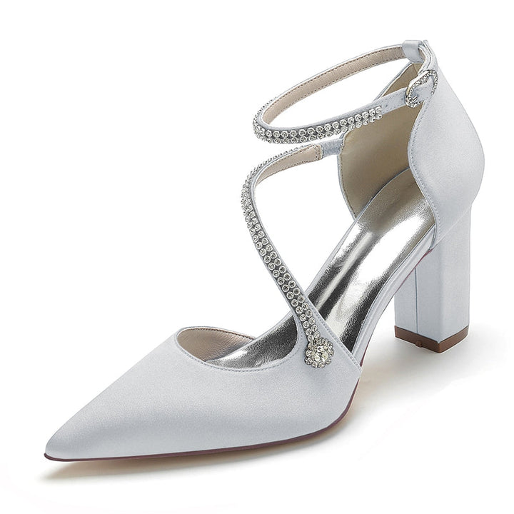 Women's Wedding Shoes Pointed Toe High Heel Crossed Straps Buckle Bridal Shoes with Crystal