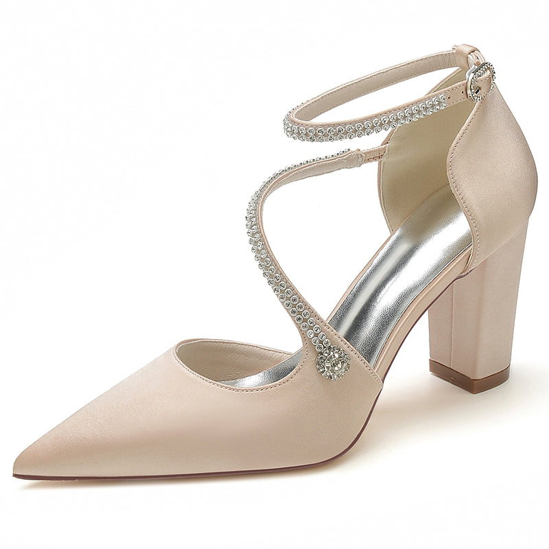 Women's Wedding Shoes Pointed Toe High Heel Crossed Straps Buckle Bridal Shoes with Crystal