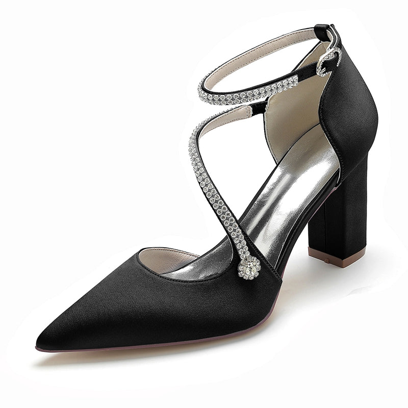 Women's Wedding Shoes Pointed Toe High Heel Crossed Straps Buckle Bridal Shoes with Crystal