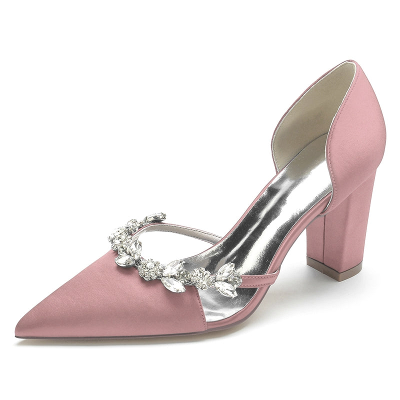 Women's Wedding Shoes Nude Pink Pointed Toe High Heel Bridal Shoes with Rhinestone