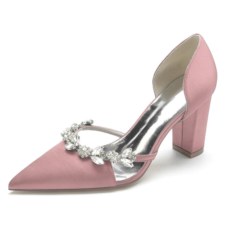 Women's Wedding Shoes Nude Pink Pointed Toe High Heel Bridal Shoes with Rhinestone