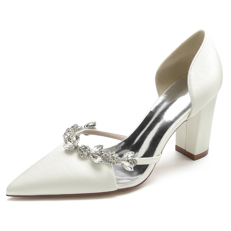 Women's Wedding Shoes Nude Pink Pointed Toe High Heel Bridal Shoes with Rhinestone