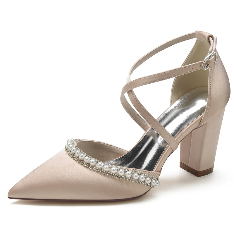Women's Wedding Shoes Pointed Toe Chunky Heel Crossed Straps Bridal Shoes with Delicate Pearl