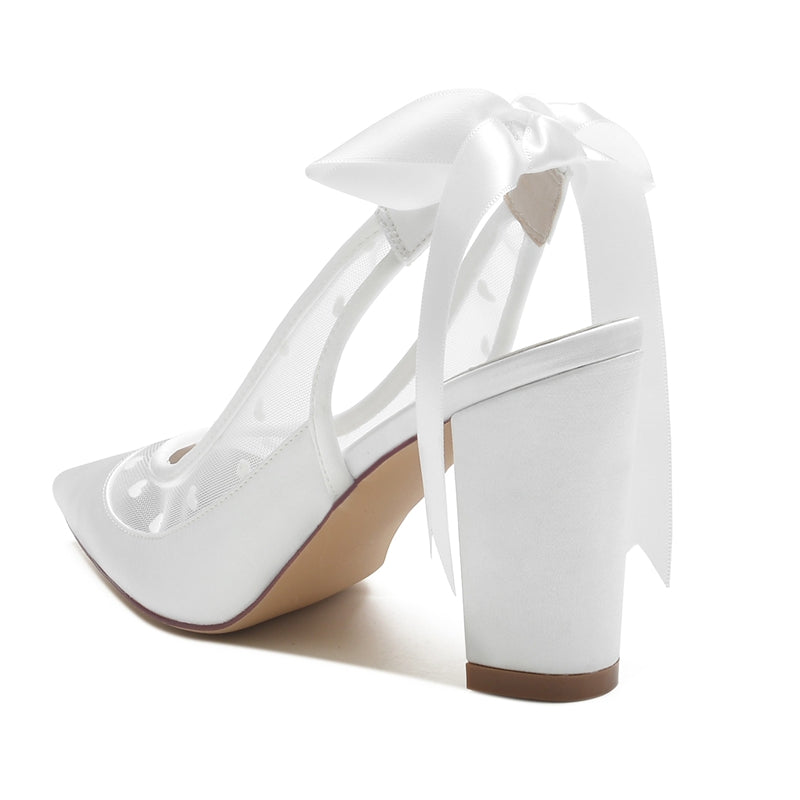 Women's Wedding Shoes Pointed Toe Block Heel Elegant Bridal Shoes with Printed Heart & Bow