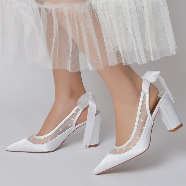 Women's Wedding Shoes Pointed Toe Block Heel Elegant Bridal Shoes with Printed Heart & Bow