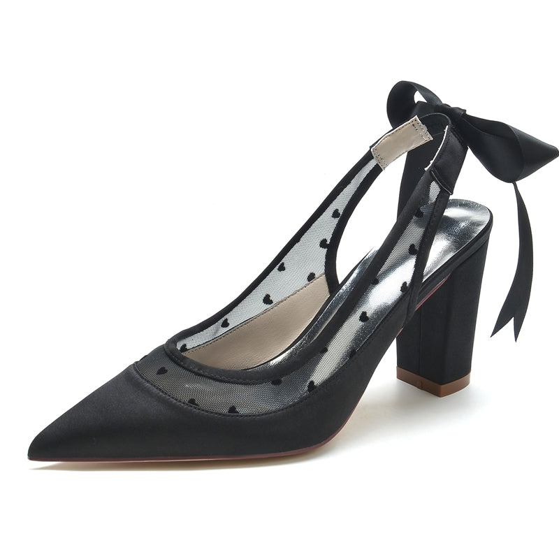 Women's Wedding Shoes Pointed Toe Block Heel Elegant Bridal Shoes with Printed Heart & Bow