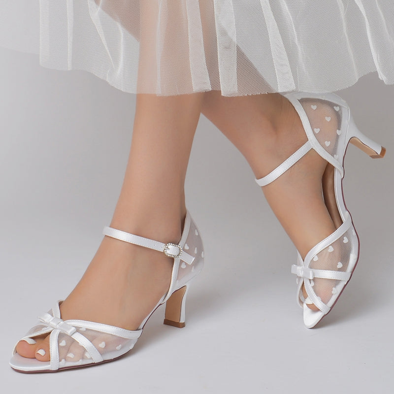 Women's Wedding Shoes Opened Toe Mid Heel Elegant Buckle Bridal Shoes with Printed Heart