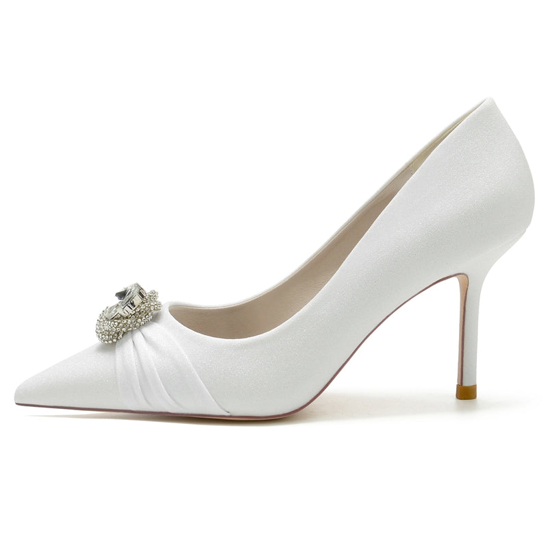 Women's Wedding Shoes White Pointed Toe High Heel Luxury Bridal Shoes with Rhinestone & Ruffles