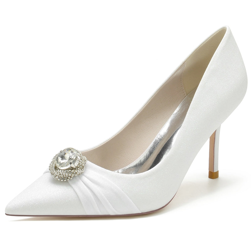 Women's Wedding Shoes White Pointed Toe High Heel Luxury Bridal Shoes with Rhinestone & Ruffles