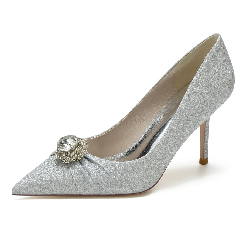 Women's Wedding Shoes White Pointed Toe High Heel Luxury Bridal Shoes with Rhinestone & Ruffles