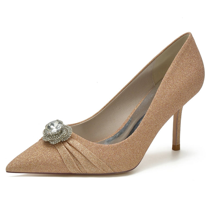 Women's Wedding Shoes White Pointed Toe High Heel Luxury Bridal Shoes with Rhinestone & Ruffles