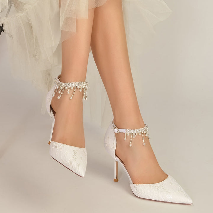 Women's Wedding Shoes Closed Toe Stiletto Heel Lace Buckle Bridal Shoes with Pearl Tassels