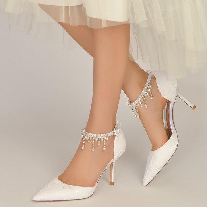 Women's Wedding Shoes Closed Toe Stiletto Heel Lace Buckle Bridal Shoes with Pearl Tassels