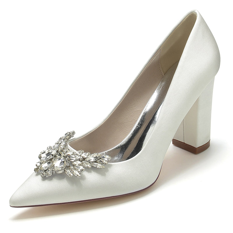 Women's Wedding Shoes Pointed Toe Chunky Heel Elegant Bridal Shoes with Rhinestone
