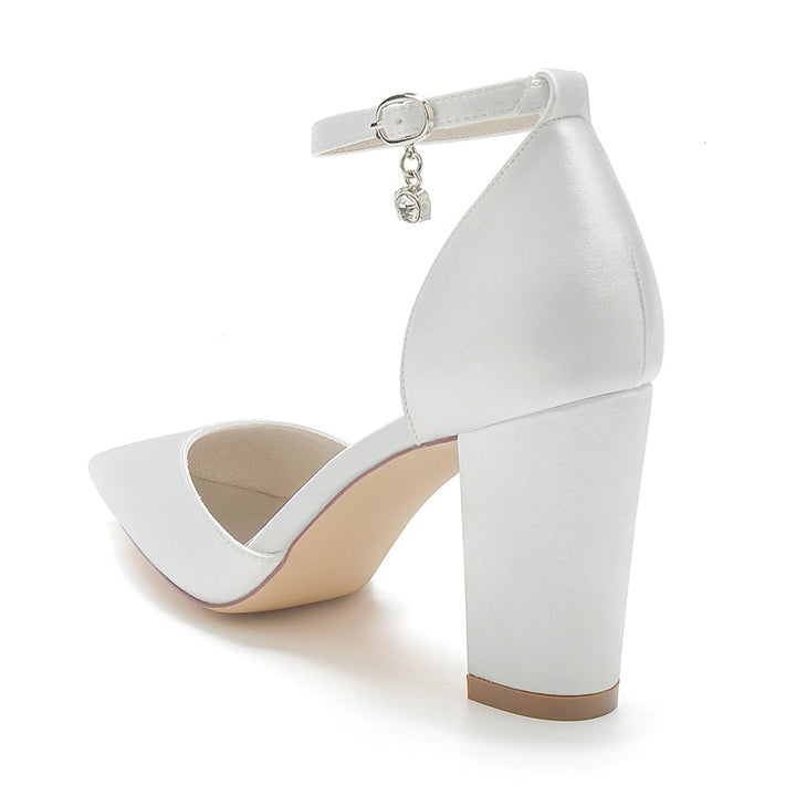 Women's Wedding Shoes Pointed Toe Block Heel Simple Buckle Bridal Shoes with Crystal Pendant