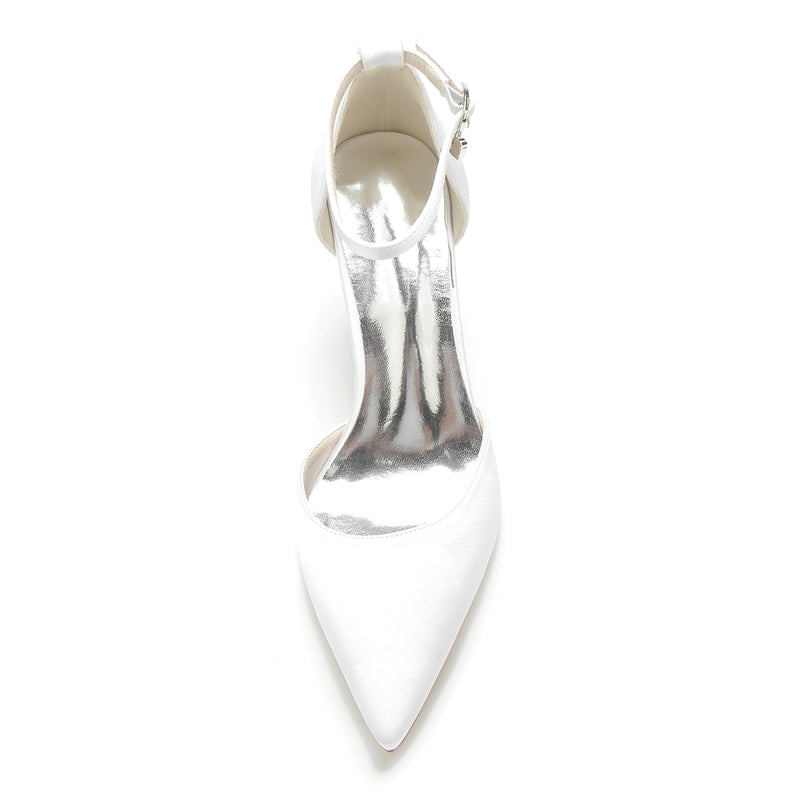 Women's Wedding Shoes Pointed Toe Block Heel Simple Buckle Bridal Shoes with Crystal Pendant