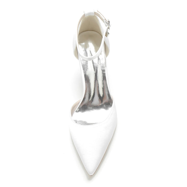 Women's Wedding Shoes Pointed Toe Block Heel Simple Buckle Bridal Shoes with Crystal Pendant
