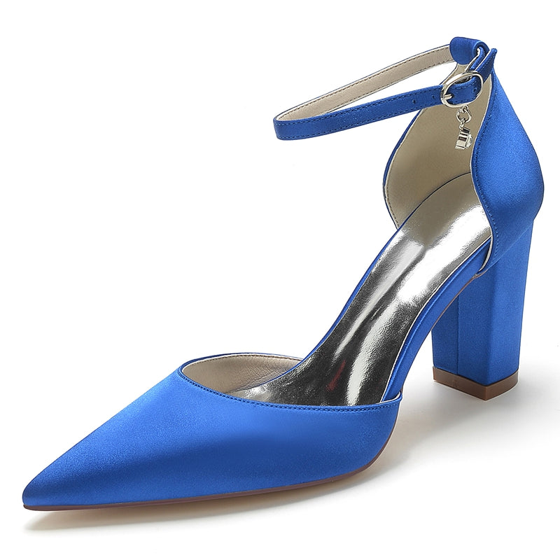 Women's Wedding Shoes Pointed Toe Block Heel Simple Buckle Bridal Shoes with Crystal Pendant