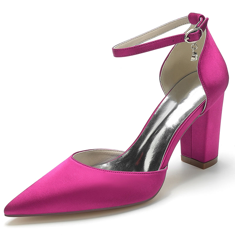 Women's Wedding Shoes Pointed Toe Block Heel Simple Buckle Bridal Shoes with Crystal Pendant