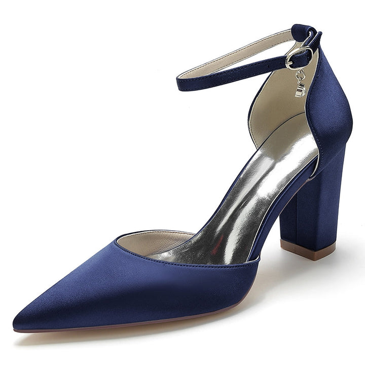 Women's Wedding Shoes Pointed Toe Block Heel Simple Buckle Bridal Shoes with Crystal Pendant