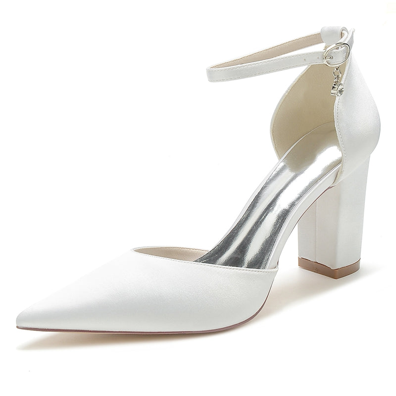 Women's Wedding Shoes Pointed Toe Block Heel Simple Buckle Bridal Shoes with Crystal Pendant