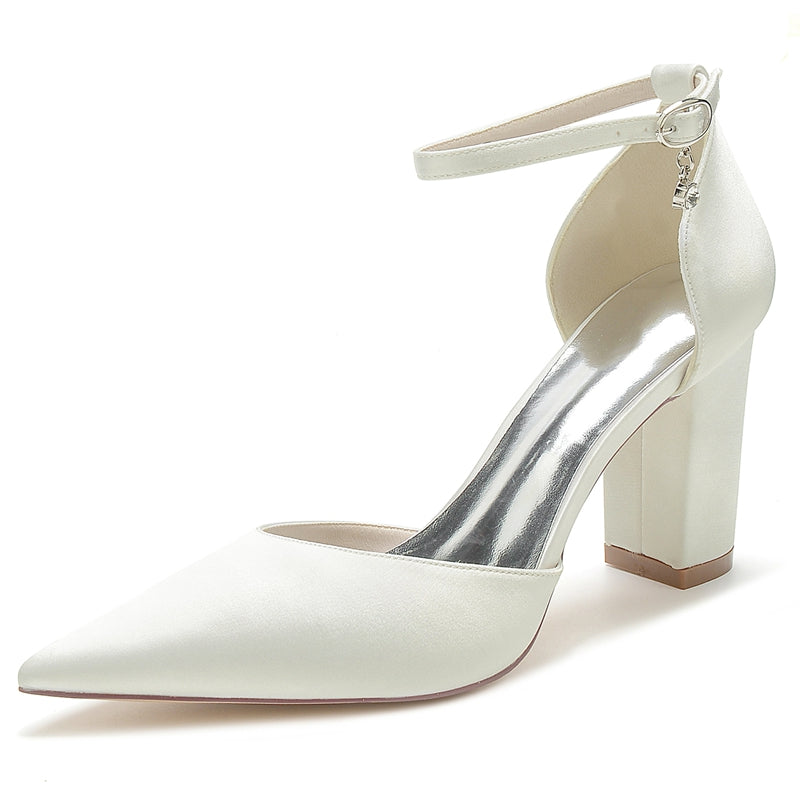 Women's Wedding Shoes Pointed Toe Block Heel Simple Buckle Bridal Shoes with Crystal Pendant