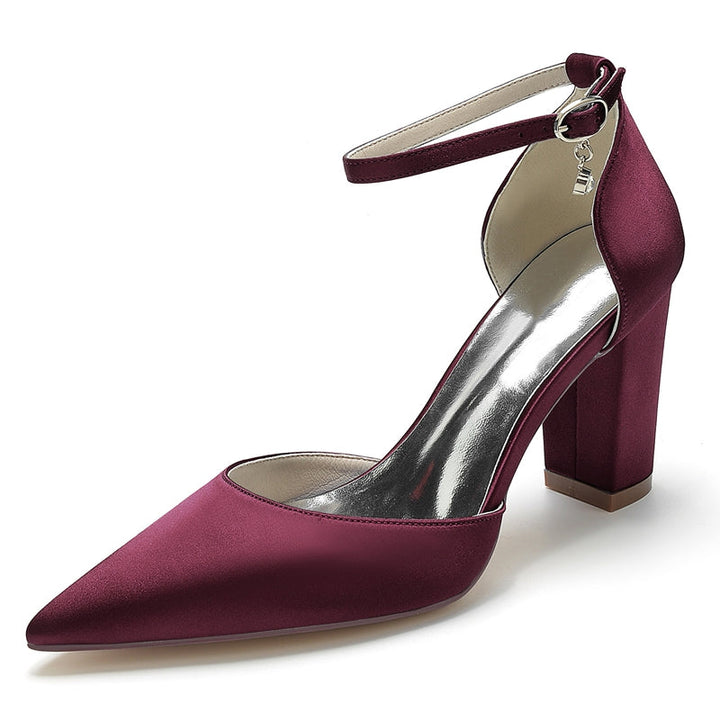 Women's Wedding Shoes Pointed Toe Block Heel Simple Buckle Bridal Shoes with Crystal Pendant