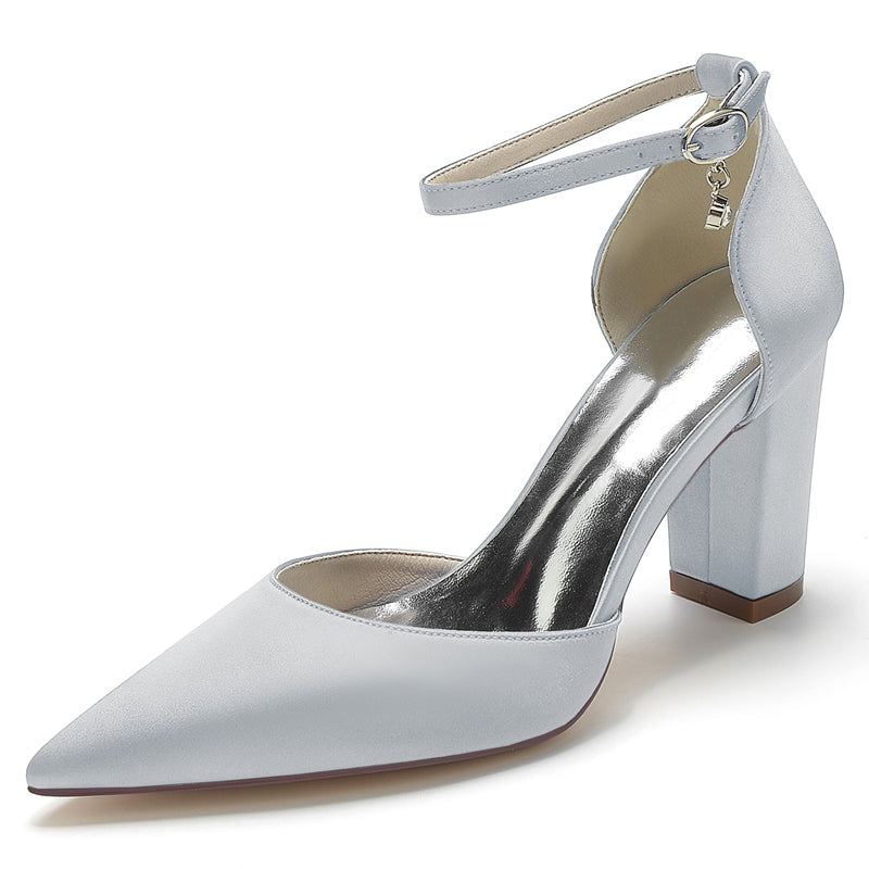Women's Wedding Shoes Pointed Toe Block Heel Simple Buckle Bridal Shoes with Crystal Pendant