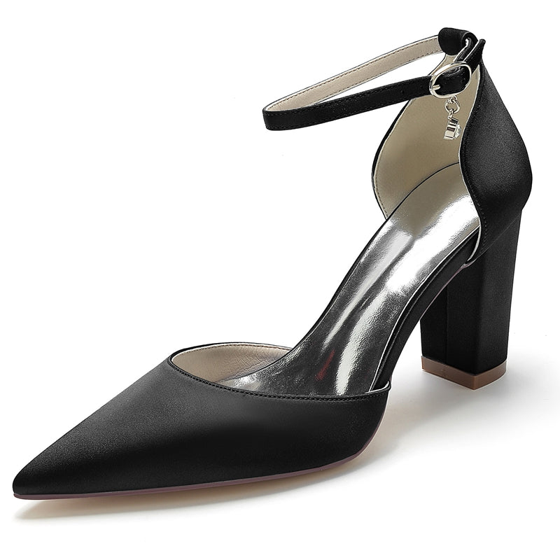 Women's Wedding Shoes Pointed Toe Block Heel Simple Buckle Bridal Shoes with Crystal Pendant