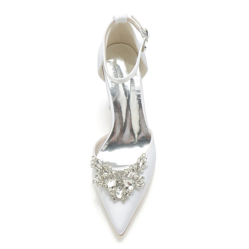 Women's Wedding Shoes Closed Toe Chunky Heel Buckle Bridal Shoes with Rhinestone