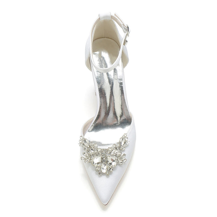 Women's Wedding Shoes Closed Toe Chunky Heel Buckle Bridal Shoes with Rhinestone