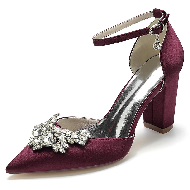 Women's Wedding Shoes Closed Toe Chunky Heel Buckle Bridal Shoes with Rhinestone