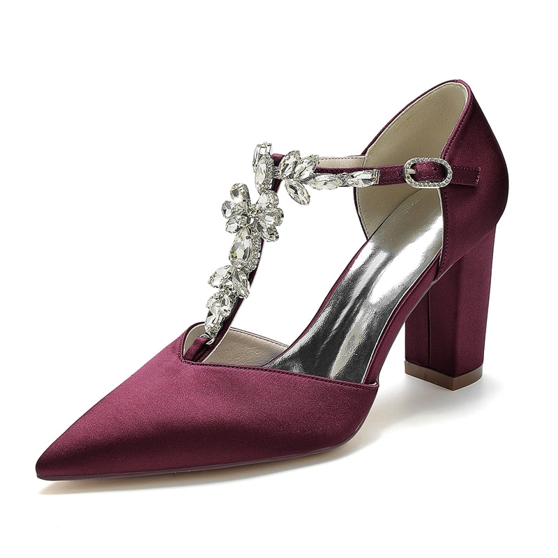 Women's Wedding Shoes Pointed Toe High Heel Stylish Buckle Bridal Shoes with Rhinestone Strap