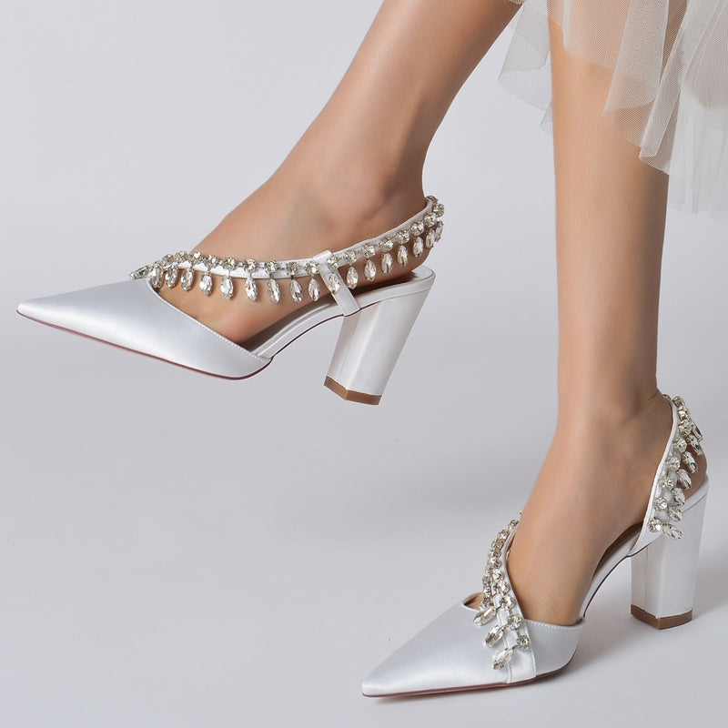 Women's Wedding Shoes Closed Toe Block Heel Exquisite Bridal Shoes with Curved Rhinestone