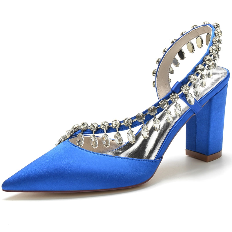 Women's Wedding Shoes Closed Toe Block Heel Exquisite Bridal Shoes with Curved Rhinestone