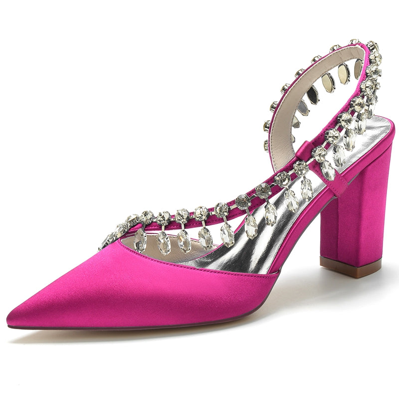 Women's Wedding Shoes Closed Toe Block Heel Exquisite Bridal Shoes with Curved Rhinestone